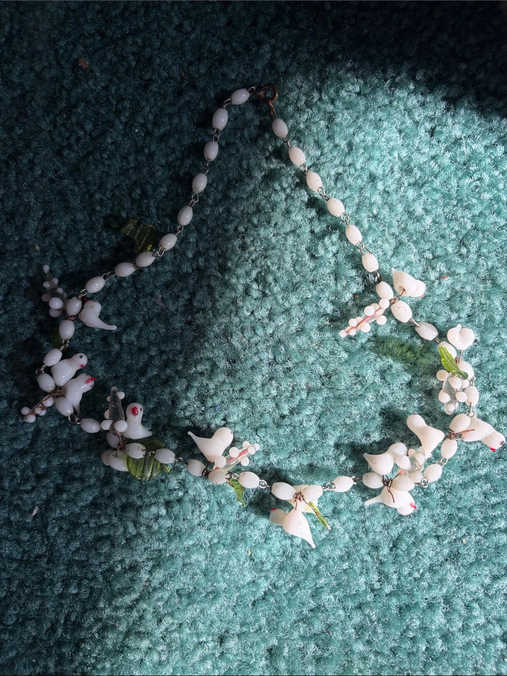 Murano White Bird & Pink-Accent Floral Necklace